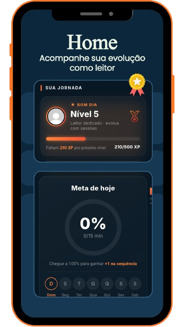 Tela do aplicativo Catlogue mostrando meta diária, streak de 7 dias e livro em progresso